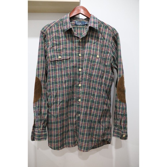 Polo Ralph Lauren Mens Medium Plaid Suede Elbow Patch Button Down Shirt - Picture 1 of 8